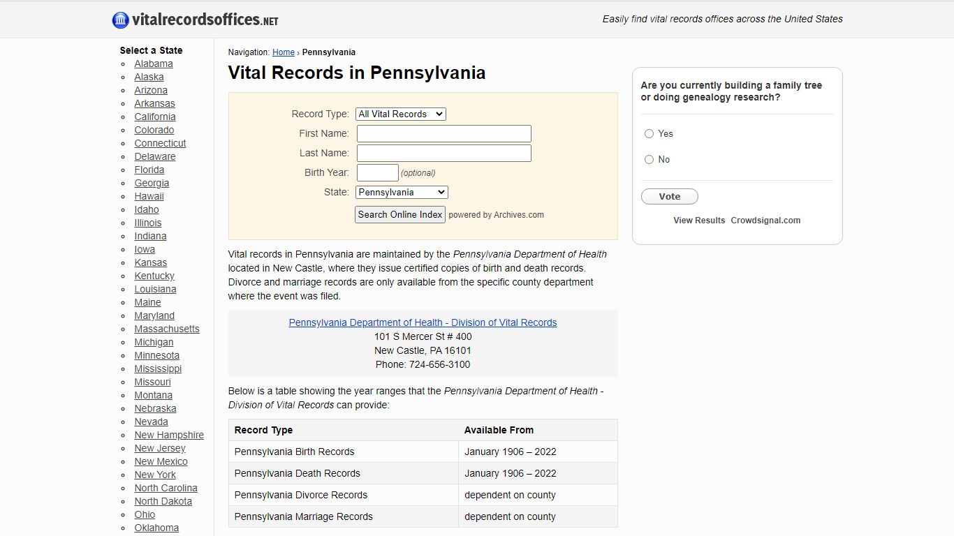 Vital Records in Pennsylvania