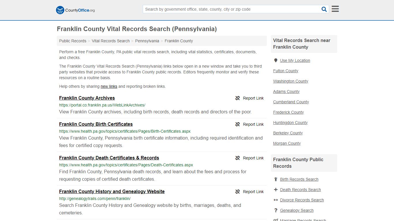 Franklin County Vital Records Search (Pennsylvania) - County Office